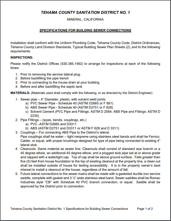 Tehama County Specification for Building Sewer Connections